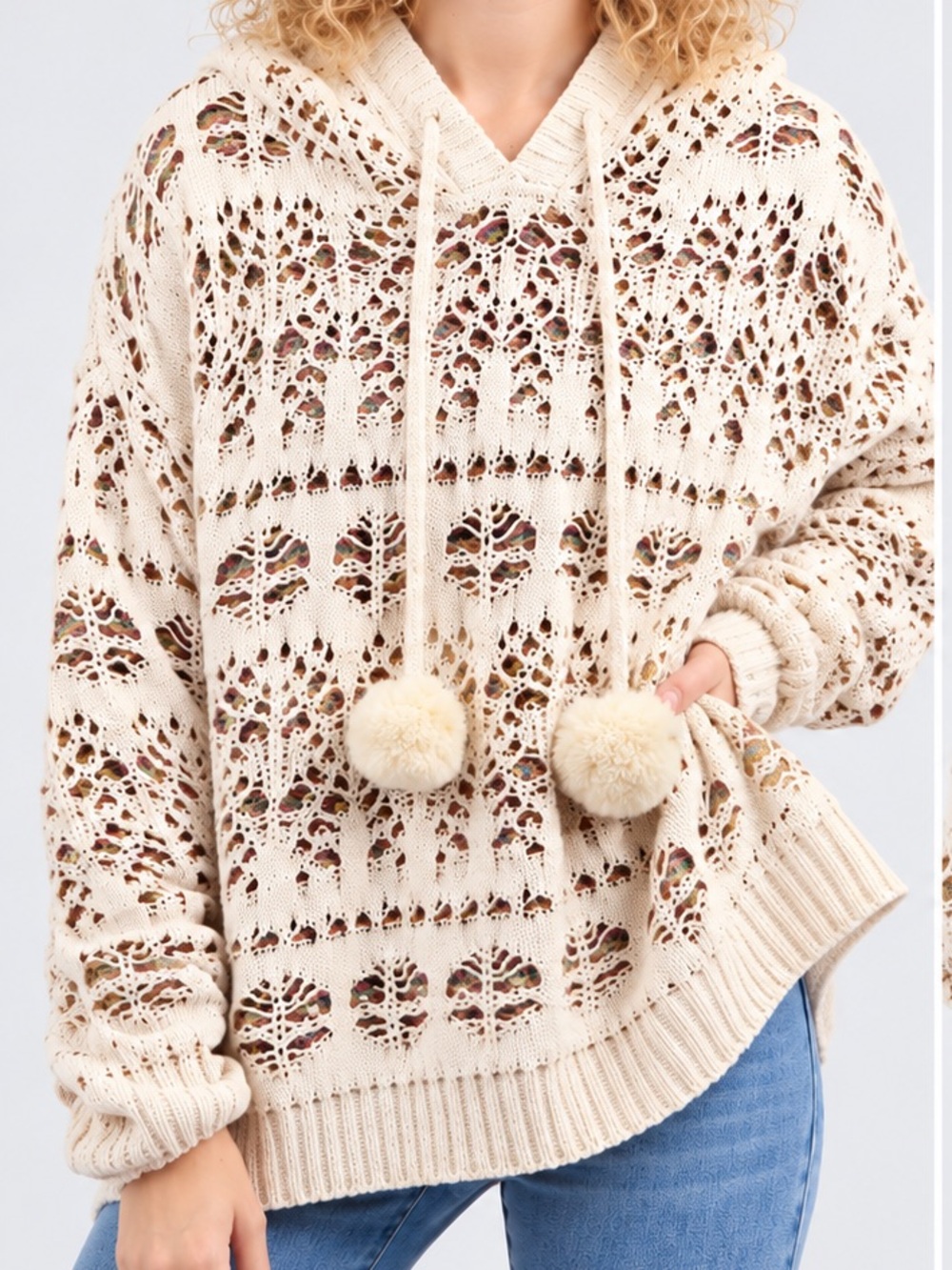 POL Cozy Oversized Open Knit Hooded Sweater Pom Pom Boho Cream Small